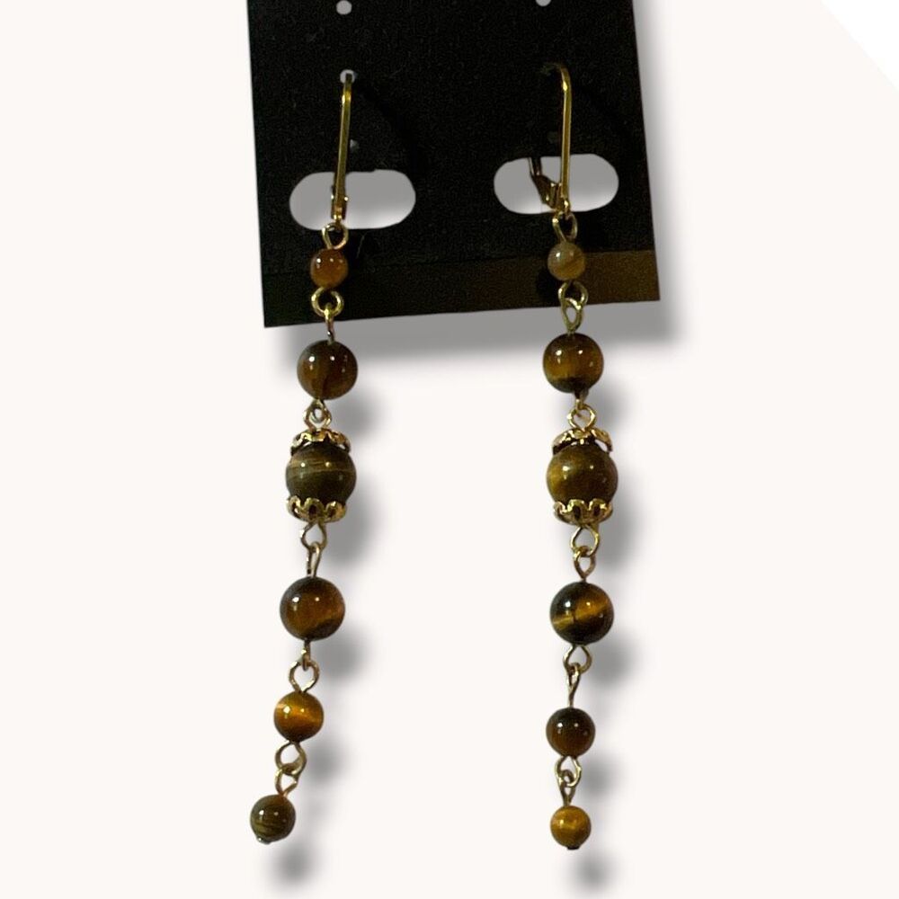 Tiger Eye Beaded Dangle Earrings Gold Tone Boho Artisan Brown - Picture 2 of 5